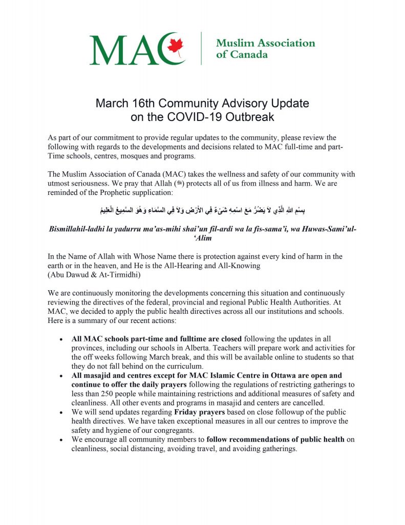 March 16th Community Advisory Update on the COVID-19 Outbreak