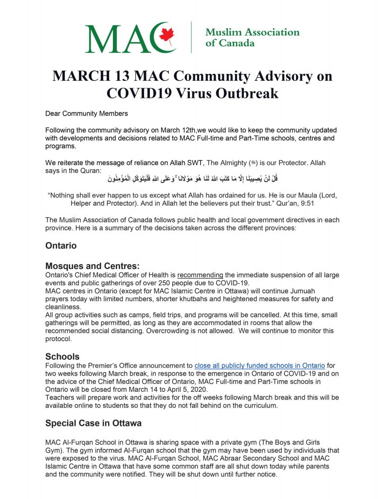 MARCH 13 MAC Community Advisory on COVID19 Virus Outbreak