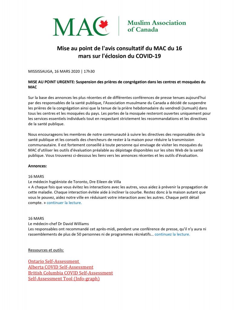 Mise au point de l'avis consultatif du MAC du 16 mars sur l'éclosion du COVID-19 (16 MARS)