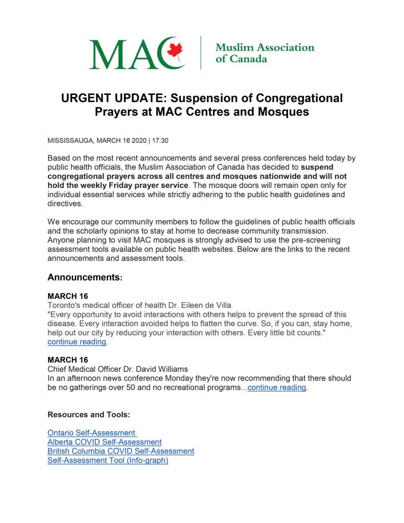 URGENT UPDATE: Suspension of Congregational Prayers at MAC Centres and Mosques (MARCH 16)