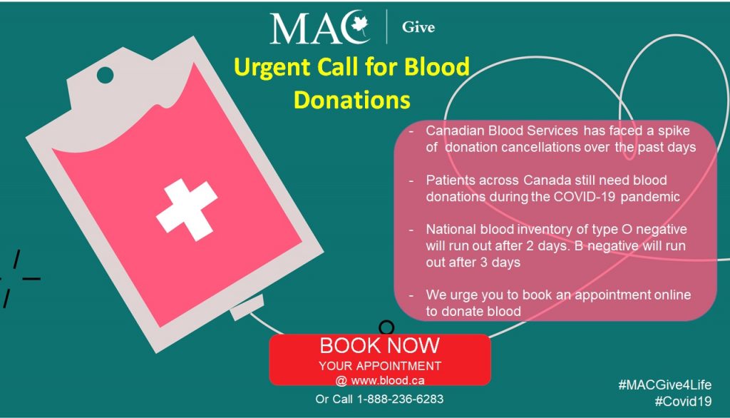 MAC Give Organizing Blood drive with Canadian Blood Services