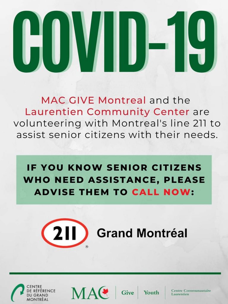 MAC Give Montreal Volunteering with line 211 to help Senior Citizens