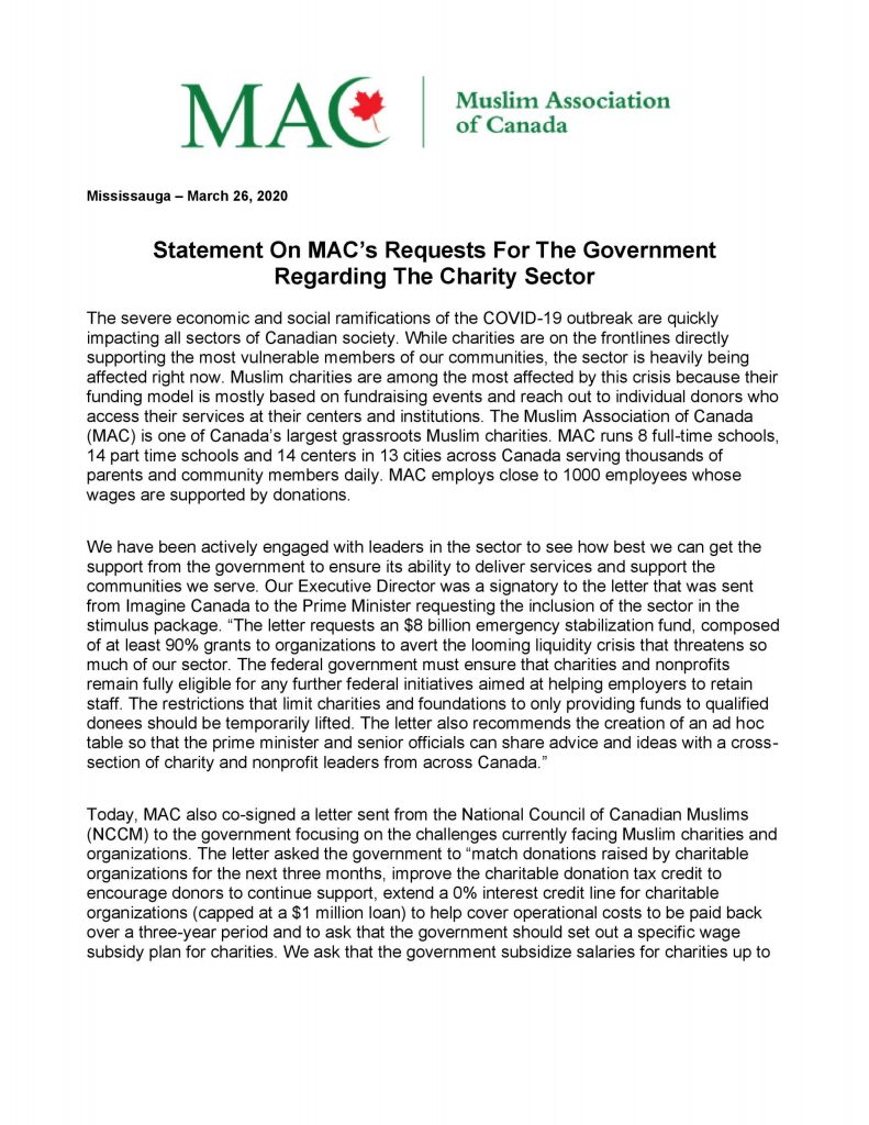 Statement On MAC’s Requests For The Government to Support the Charity Sector