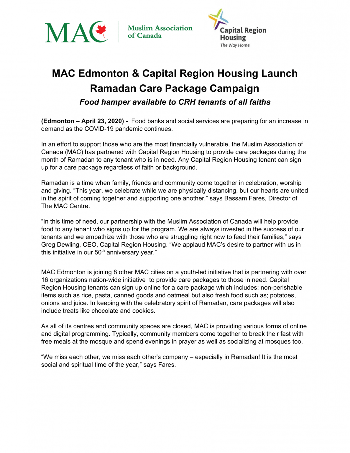 MAC Edmonton & Capital Region Housing Launch Ramadan Care Package