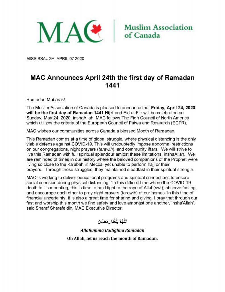 MAC Announces April 24th as the first day of Ramadan 1441