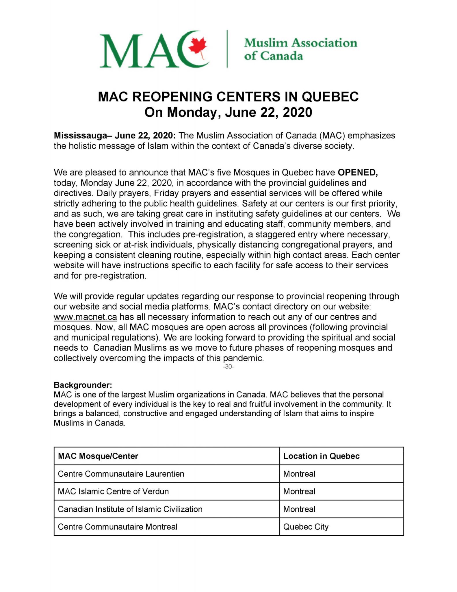 MAC REOPENING CENTERS IN QUEBEC On Monday, June 22, 2020 - MAC
