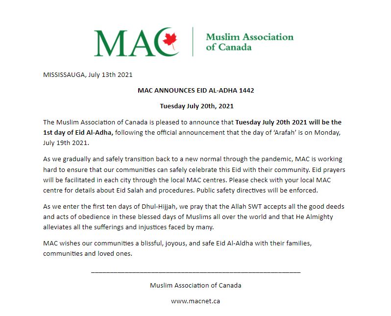 MAC ANNOUNCES EID AL-ADHA 1442