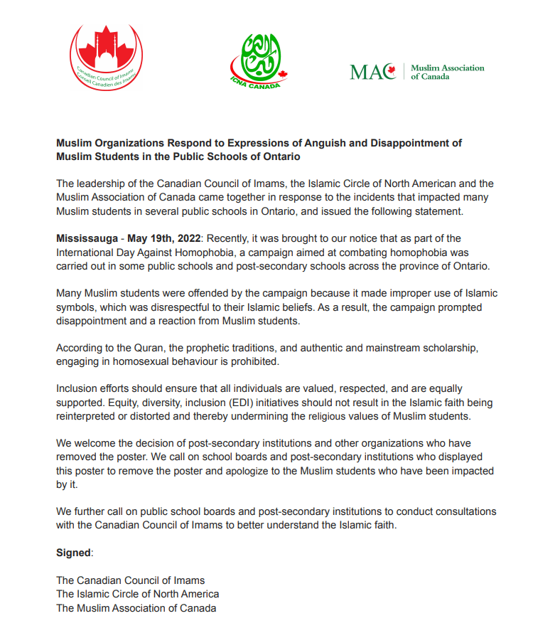Muslim Organizations Respond to Expressions of Anguish and Disappointment of Muslim Students in the Public Schools of Ontario