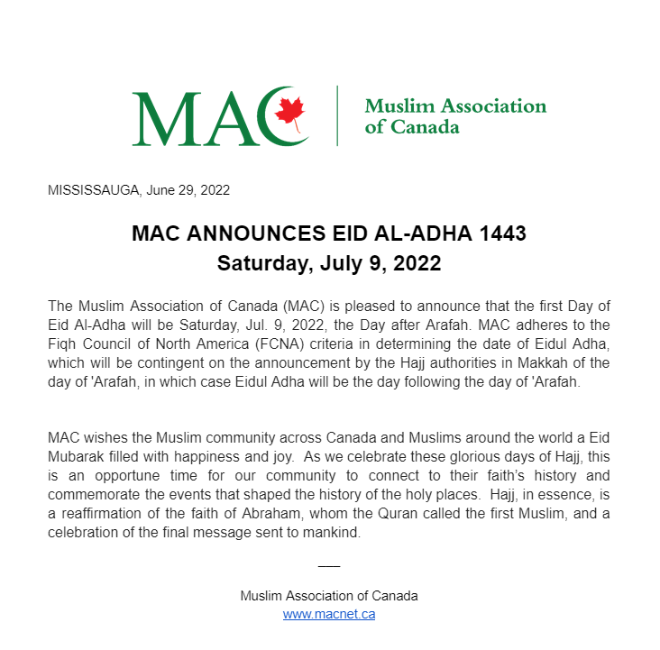 MAC ANNOUNCES EID AL-ADHA 1443 Saturday July 9th, 2022