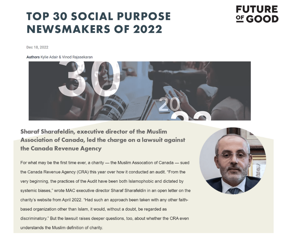 Future of Good Names Sharaf Sharafeldin as one of the Top 30 Canadian Social Purpose Newsmakers of 2022