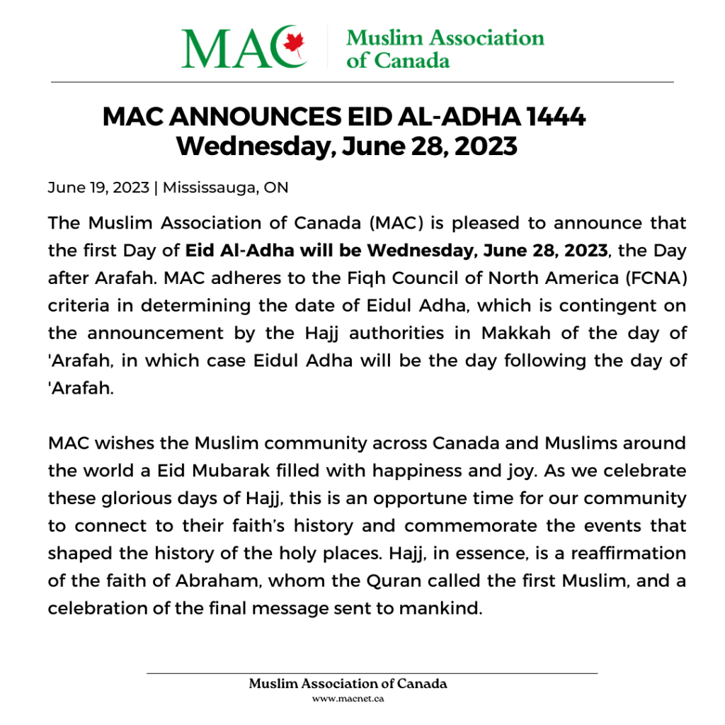 MAC ANNOUNCES EID AL-ADHA 1444 Wednesday June 28, 2023