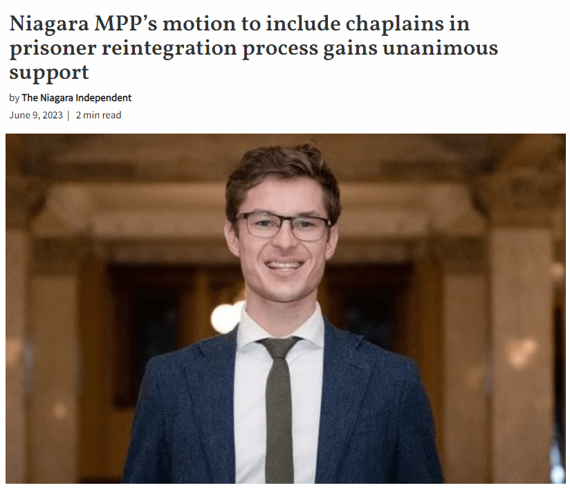 Niagara MPP’s motion to include chaplains in prisoner reintegration process gains unanimous support