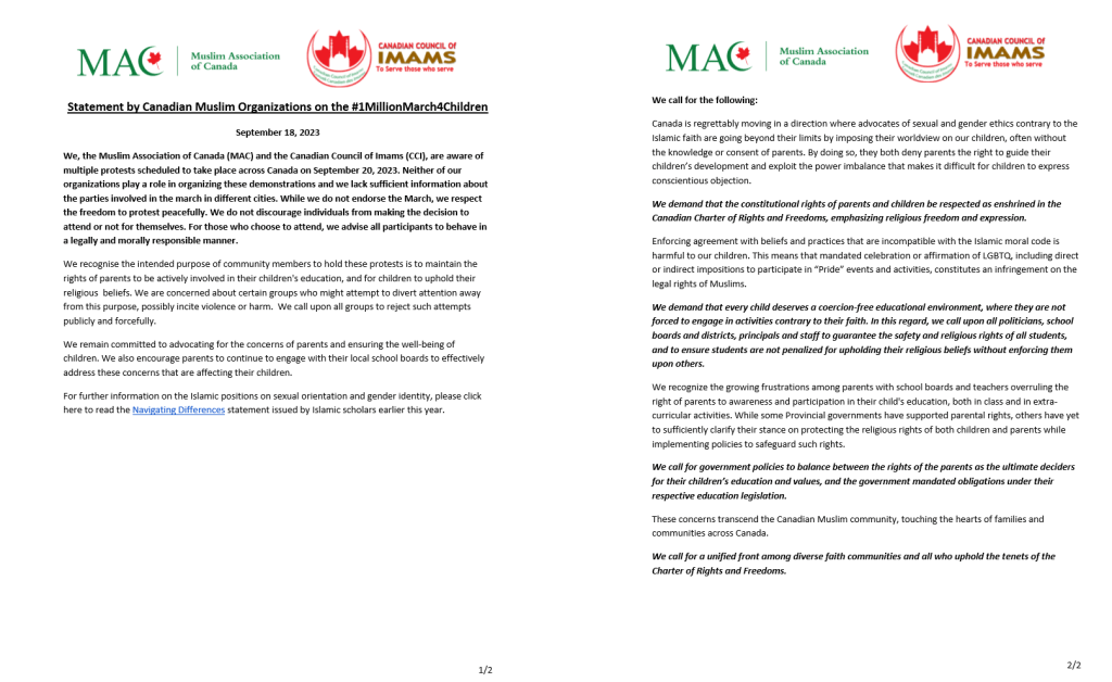 Statement by Canadian Muslim Organizations on the #1MillionMarch4Children